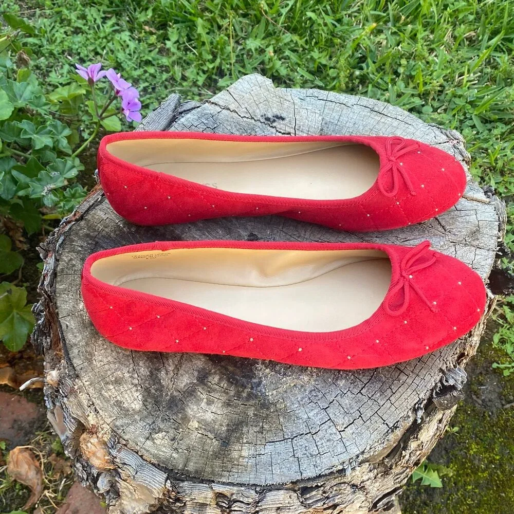 Talbots 8.5 Penelope Quilted Ballet Flats - Red Studded Suede - Picture 5 of 13